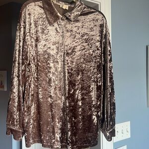 Bibi Crushed Velvet Button-Up Shirt in Shimmering Taupe